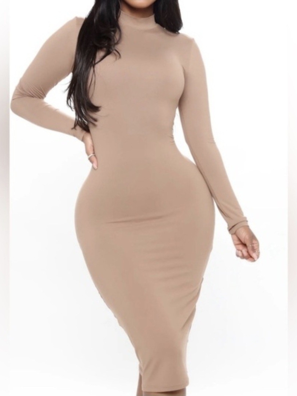 Fashion Nova Long Sleeve Turtleneck Bodycon Dress - Beige